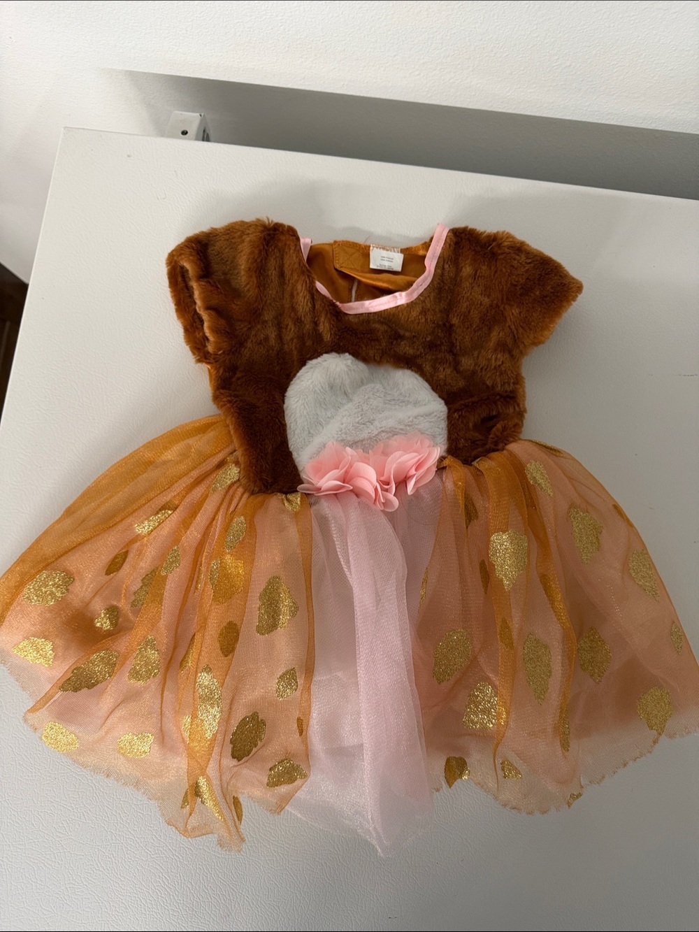 Girls Brown Faux Fur & Pink Gold Heart Tulle Dress